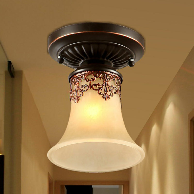 Flared Shaped Frost Beige Glass Flush Mount Light Retro 1-Light Entryway Semi Flush Ceiling Light with Filigree Clearhalo 'Ceiling Lights' 'Close To Ceiling Lights' 'Close to ceiling' 'Flush mount' Lighting' 2092159