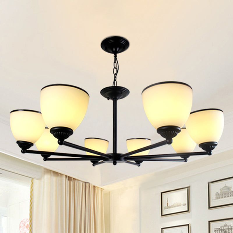 Metallic Radial Semi Flush Mount Light Retro Bedroom Ceiling Mount Chandelier with Bell Cream Glass Shade in Black 8 Black Clearhalo 'Ceiling Lights' 'Close To Ceiling Lights' 'Close to ceiling' 'Glass shade' 'Glass' 'Semi-flushmount' Lighting' 2092187