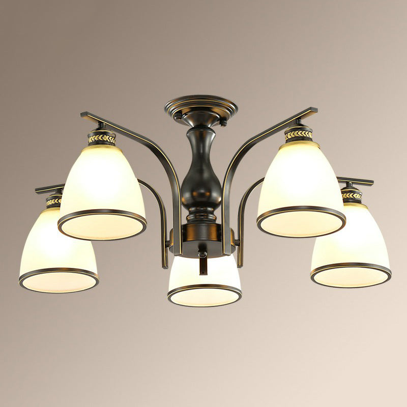 Rustic Bowl Shaped Semi Flush Frost Glass Ceiling Mount Chandelier for Living Room 5 Black Clearhalo 'Ceiling Lights' 'Close To Ceiling Lights' 'Close to ceiling' 'Semi-flushmount' Lighting' 2092196