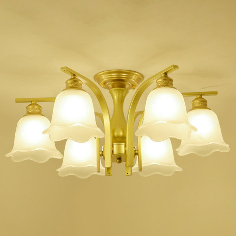 Rustic Ruffled Semi Flush Light Cream Glass Flush Mount Ceiling Chandelier for Living Room 6 Gold Clearhalo 'Ceiling Lights' 'Close To Ceiling Lights' 'Close to ceiling' 'Semi-flushmount' Lighting' 2092230