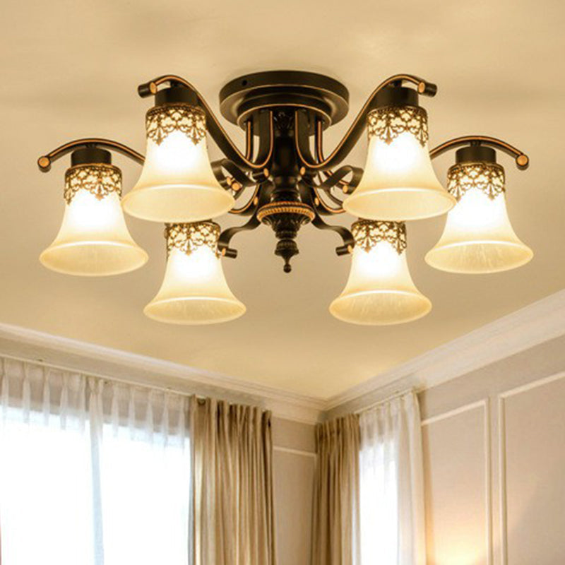 Beige Glass Bell Semi Flush Traditional Living Room Ceiling Mount Chandelier in Black 6 Black Clearhalo 'Ceiling Lights' 'Close To Ceiling Lights' 'Close to ceiling' 'Semi-flushmount' Lighting' 2092244