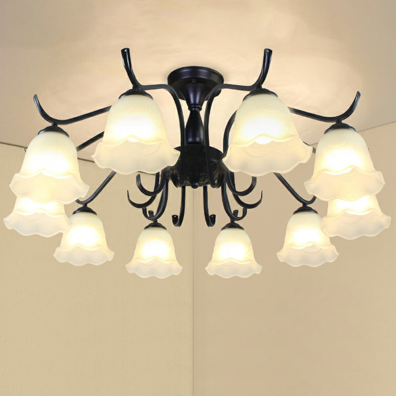 Black Bell Shaped Semi Flush Mount Vintage Opal Glass Living Room Close To Ceiling Chandelier 10 Black A Clearhalo 'Ceiling Lights' 'Close To Ceiling Lights' 'Close to ceiling' 'Semi-flushmount' Lighting' 2092246