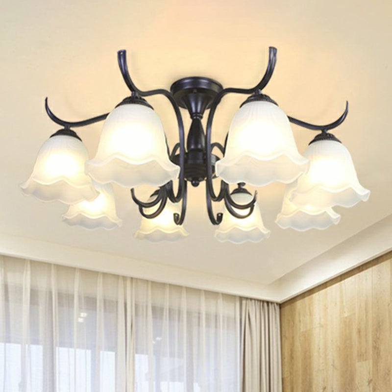 Black Bell Shaped Semi Flush Mount Vintage Opal Glass Living Room Close To Ceiling Chandelier 8 Black A Clearhalo 'Ceiling Lights' 'Close To Ceiling Lights' 'Close to ceiling' 'Semi-flushmount' Lighting' 2092247