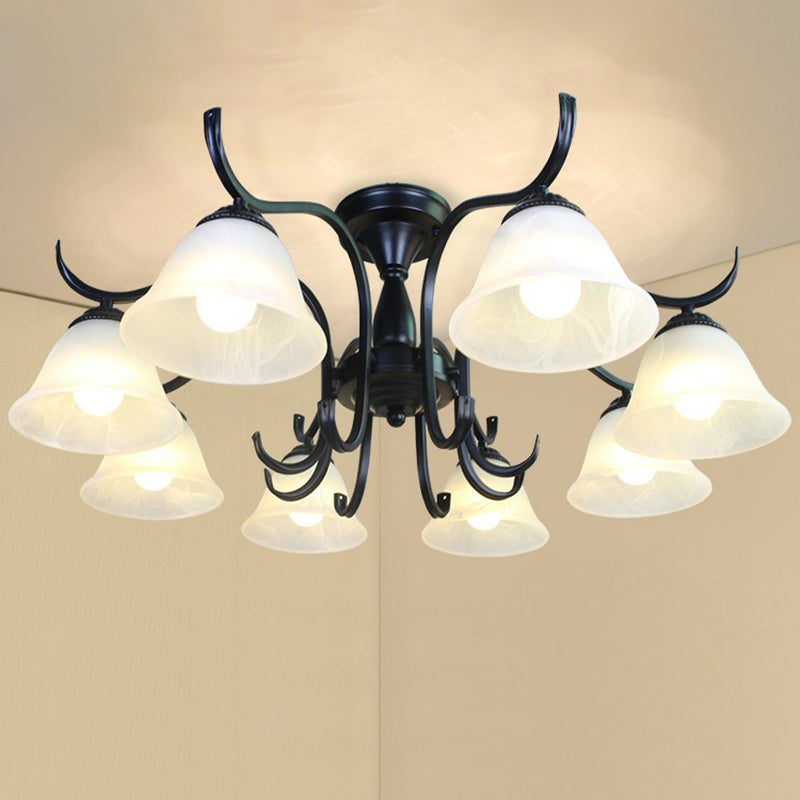 Black Bell Shaped Semi Flush Mount Vintage Opal Glass Living Room Close To Ceiling Chandelier 8 Black B Clearhalo 'Ceiling Lights' 'Close To Ceiling Lights' 'Close to ceiling' 'Semi-flushmount' Lighting' 2092253