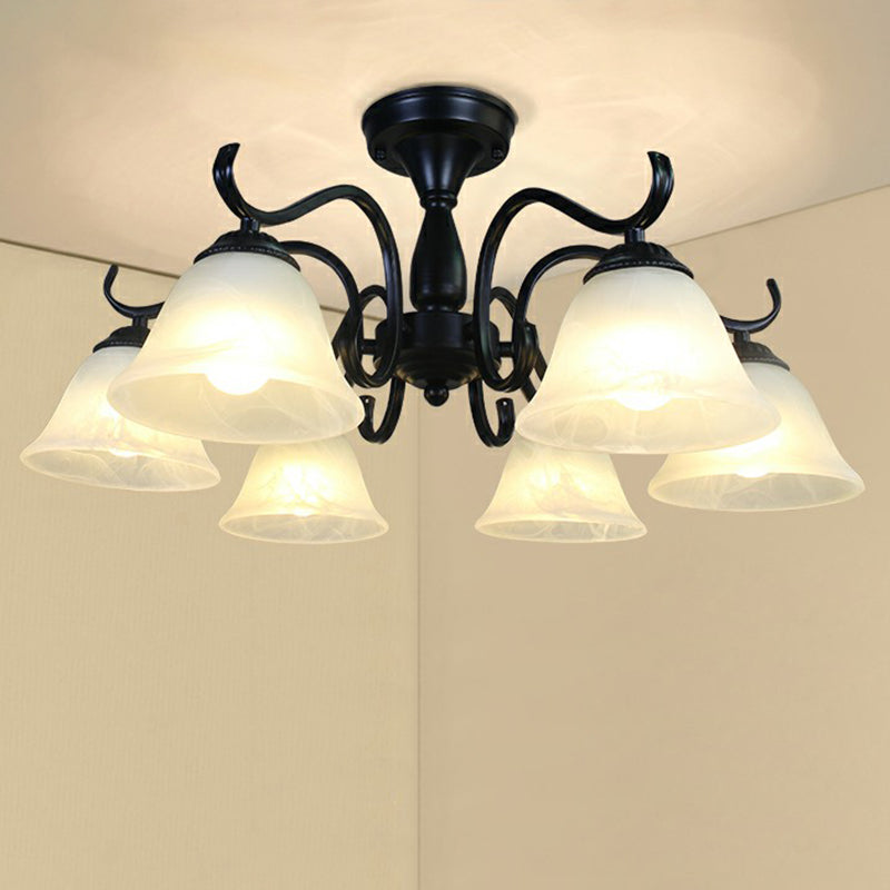 Black Bell Shaped Semi Flush Mount Vintage Opal Glass Living Room Close To Ceiling Chandelier 6 Black B Clearhalo 'Ceiling Lights' 'Close To Ceiling Lights' 'Close to ceiling' 'Semi-flushmount' Lighting' 2092254