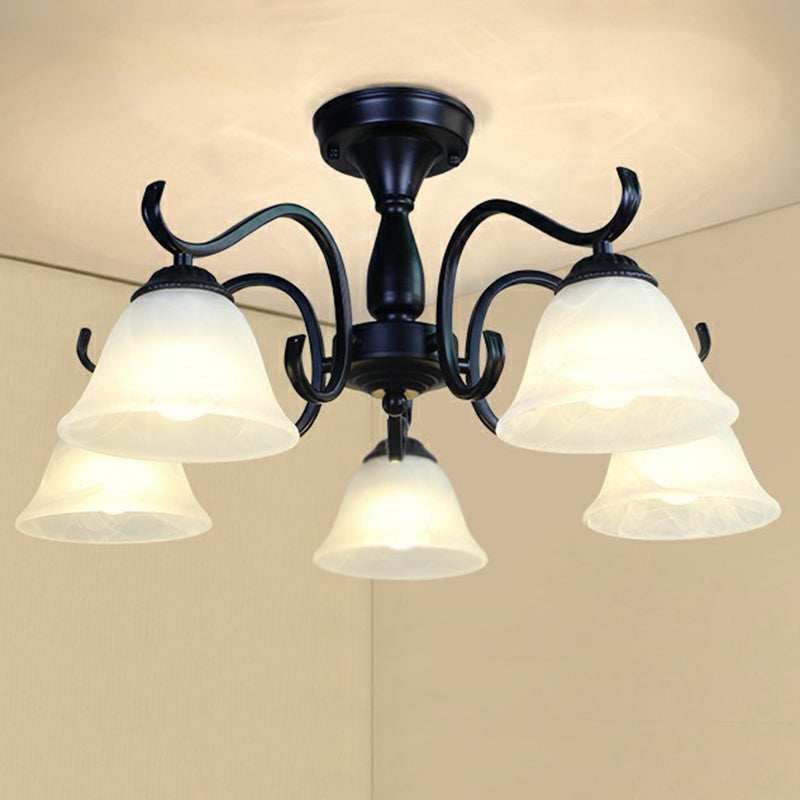 Black Bell Shaped Semi Flush Mount Vintage Opal Glass Living Room Close To Ceiling Chandelier 5 Black B Clearhalo 'Ceiling Lights' 'Close To Ceiling Lights' 'Close to ceiling' 'Semi-flushmount' Lighting' 2092255