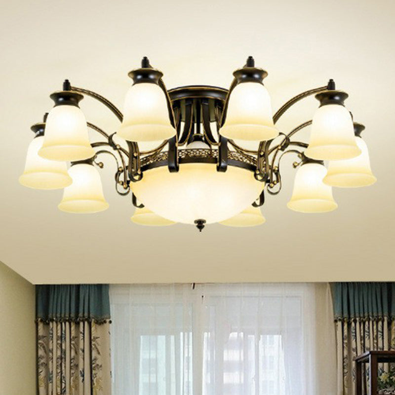 Flared Shade Dining Room Semi Flush Light Retro Beige Glass Black Semi Flush Chandelier 14 Black Clearhalo 'Ceiling Lights' 'Close To Ceiling Lights' 'Close to ceiling' 'Glass shade' 'Glass' 'Semi-flushmount' Lighting' 2092258