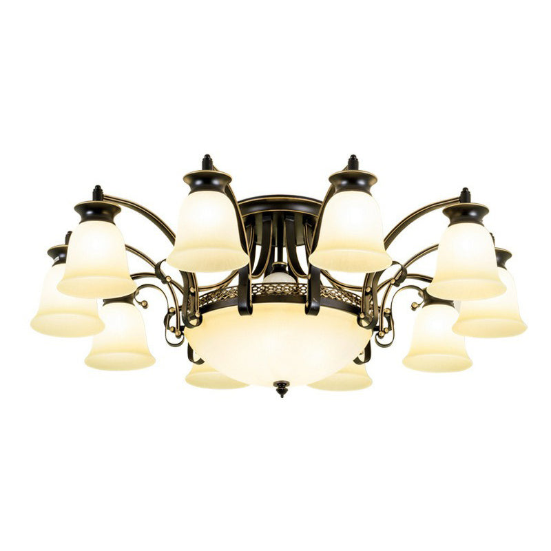 Flared Shade Dining Room Semi Flush Light Retro Beige Glass Black Semi Flush Chandelier Clearhalo 'Ceiling Lights' 'Close To Ceiling Lights' 'Close to ceiling' 'Glass shade' 'Glass' 'Semi-flushmount' Lighting' 2092259