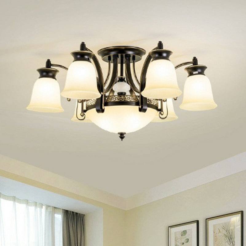 Flared Shade Dining Room Semi Flush Light Retro Beige Glass Black Semi Flush Chandelier 9 Black Clearhalo 'Ceiling Lights' 'Close To Ceiling Lights' 'Close to ceiling' 'Glass shade' 'Glass' 'Semi-flushmount' Lighting' 2092260