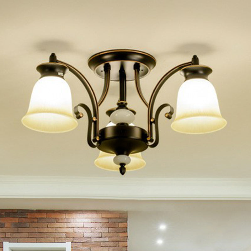 Flared Shade Dining Room Semi Flush Light Retro Beige Glass Black Semi Flush Chandelier 3 Black Clearhalo 'Ceiling Lights' 'Close To Ceiling Lights' 'Close to ceiling' 'Glass shade' 'Glass' 'Semi-flushmount' Lighting' 2092261