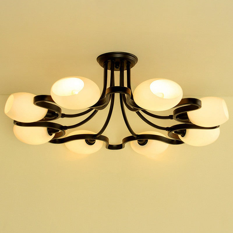 Black Semi Flush Light Rustic Cream Glass Bell Flush Mount Ceiling Chandelier for Living Room Clearhalo 'Ceiling Lights' 'Close To Ceiling Lights' 'Close to ceiling' 'Glass shade' 'Glass' 'Semi-flushmount' Lighting' 2092265