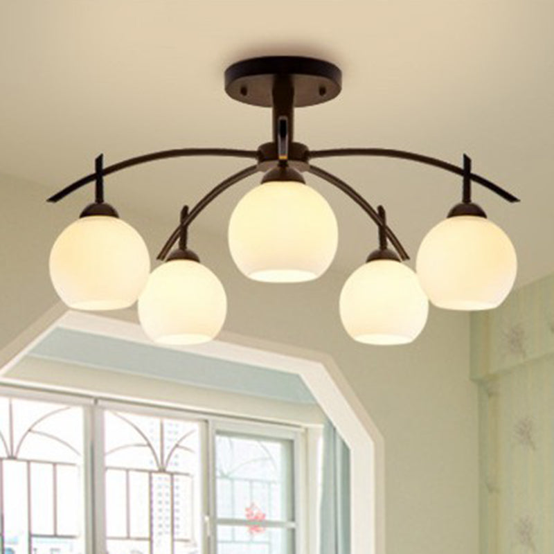 Traditional Sphere Semi Flush Frost Glass Ceiling Mount Chandelier in Black for Living Room 5 Black Clearhalo 'Ceiling Lights' 'Close To Ceiling Lights' 'Close to ceiling' 'Glass shade' 'Glass' 'Semi-flushmount' Lighting' 2092282