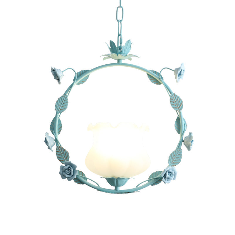 Pastoral Bud Ceiling Light Single-Bulb Cream Glass Hanging Pendant Light with Floral Hoop Clearhalo 'Ceiling Lights' 'Glass shade' 'Glass' 'Pendant Lights' 'Pendants' Lighting' 2092312