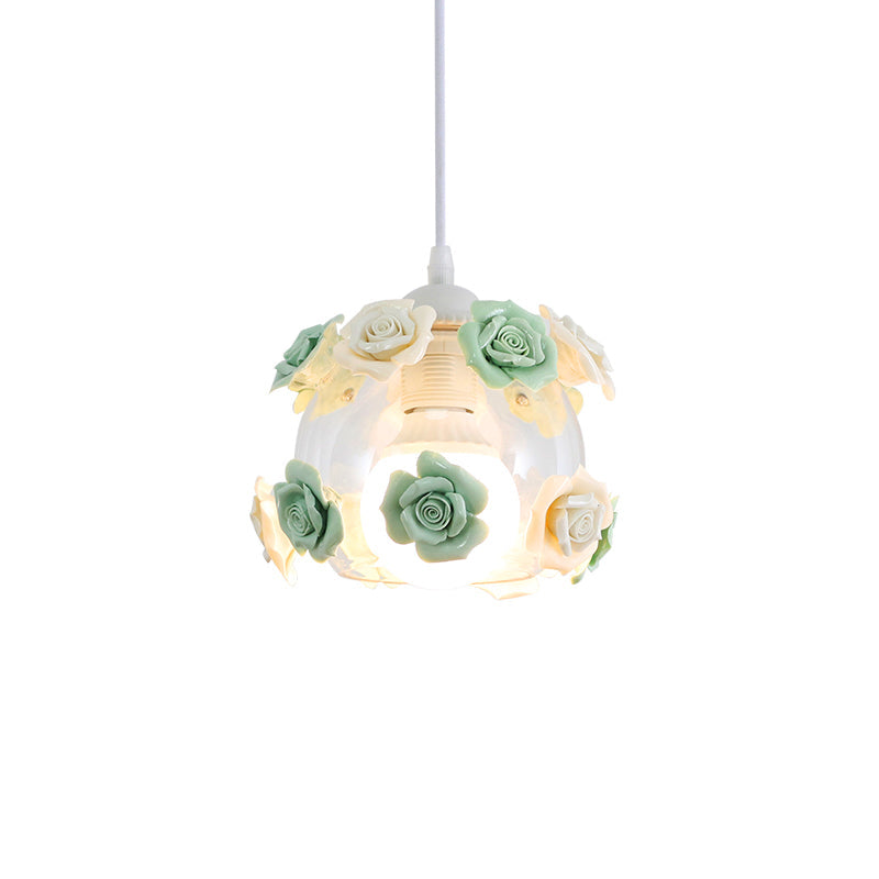 1-Light Pendant Lighting Korean Garden Rose Ceramic Suspension Light Fixture for Bedroom Clearhalo 'Ceiling Lights' 'Close To Ceiling Lights' 'Glass shade' 'Glass' 'Pendant Lights' 'Pendants' Lighting' 2092323