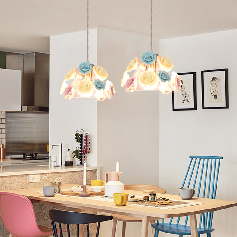 Rose Ceramic Suspension Light Pastoral Style Dining Room Pendant Light Fixture in Pink-Blue Clearhalo 'Ceiling Lights' 'Close To Ceiling Lights' 'Glass shade' 'Glass' 'Pendant Lights' 'Pendants' Lighting' 2092324