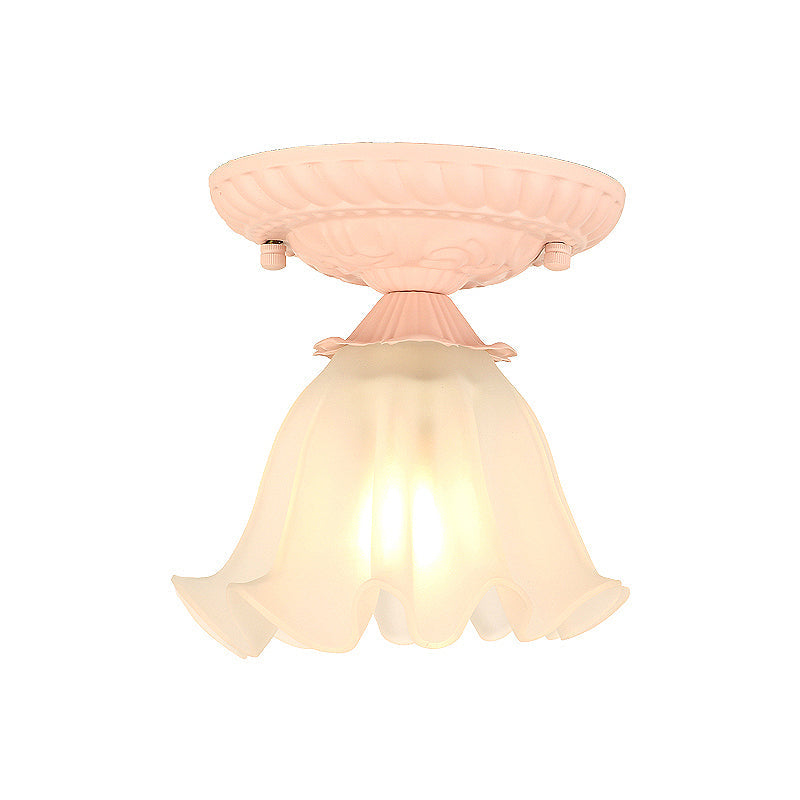 Frost Glass Ruffle Semi Flush Pastoral Single-Bulb Bedroom Flush Ceiling Light Fixture Clearhalo 'Ceiling Lights' 'Close To Ceiling Lights' 'Close to ceiling' 'Glass shade' 'Glass' 'Semi-flushmount' Lighting' 2092384