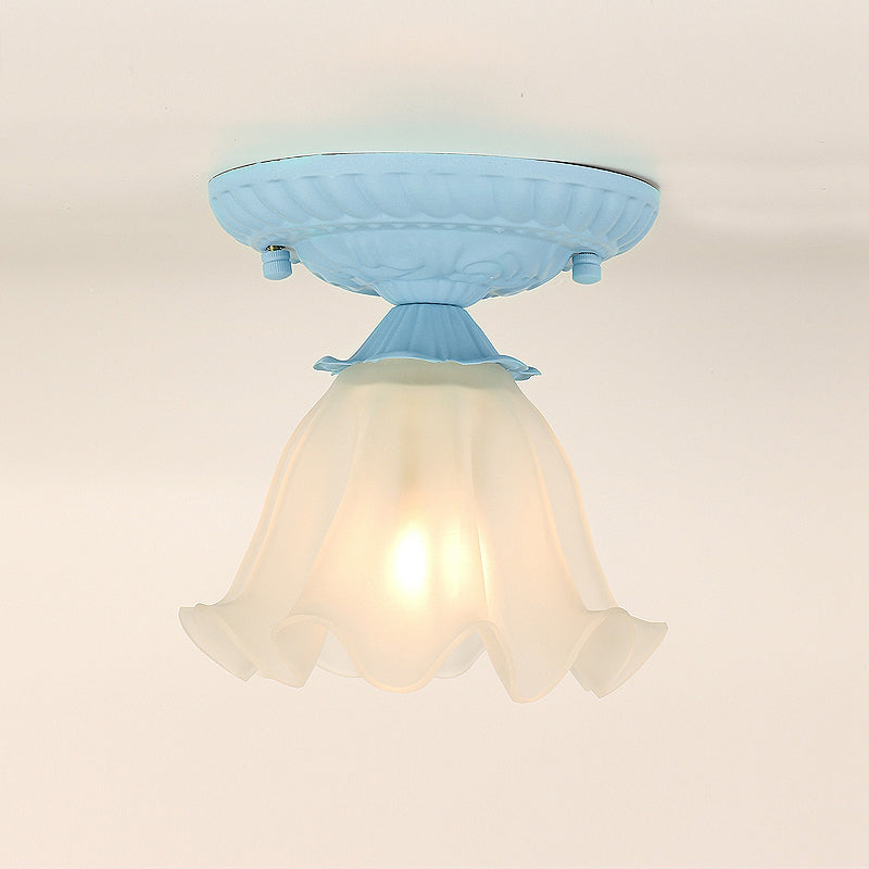 Frost Glass Ruffle Semi Flush Pastoral Single-Bulb Bedroom Flush Ceiling Light Fixture Blue Clearhalo 'Ceiling Lights' 'Close To Ceiling Lights' 'Close to ceiling' 'Glass shade' 'Glass' 'Semi-flushmount' Lighting' 2092390