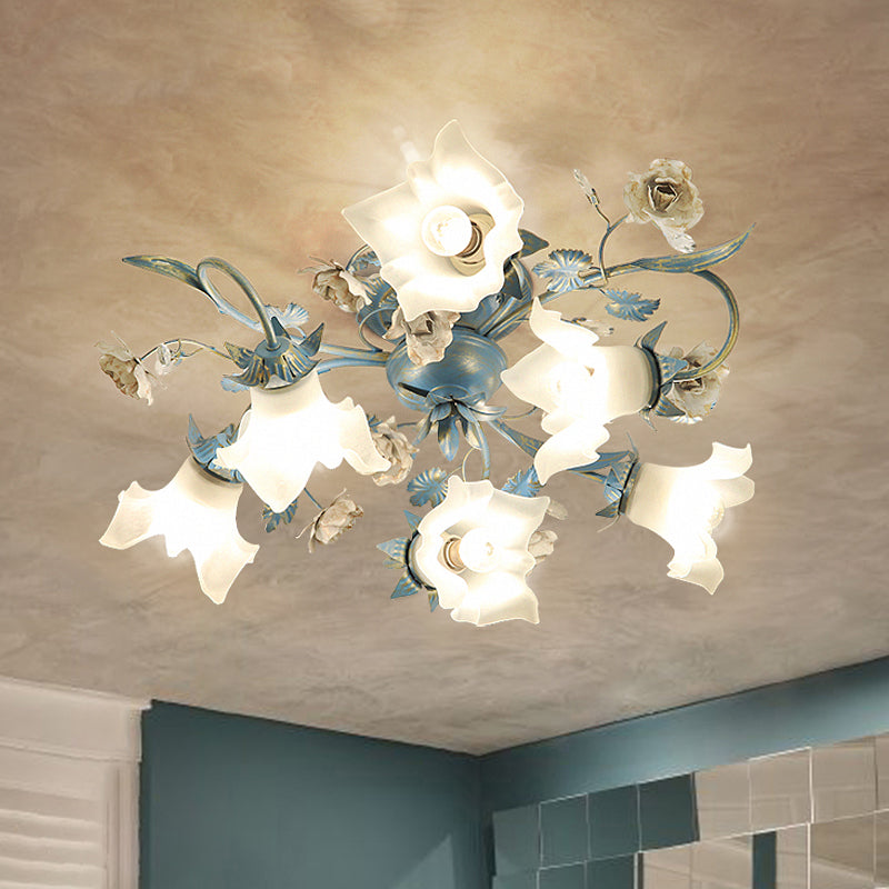 Flower Cream Glass Flush Mount Light Pastoral Style Bedroom Semi Flush Ceiling Light in Blue 6 Blue Clearhalo 'Ceiling Lights' 'Close To Ceiling Lights' 'Close to ceiling' 'Semi-flushmount' Lighting' 2092402