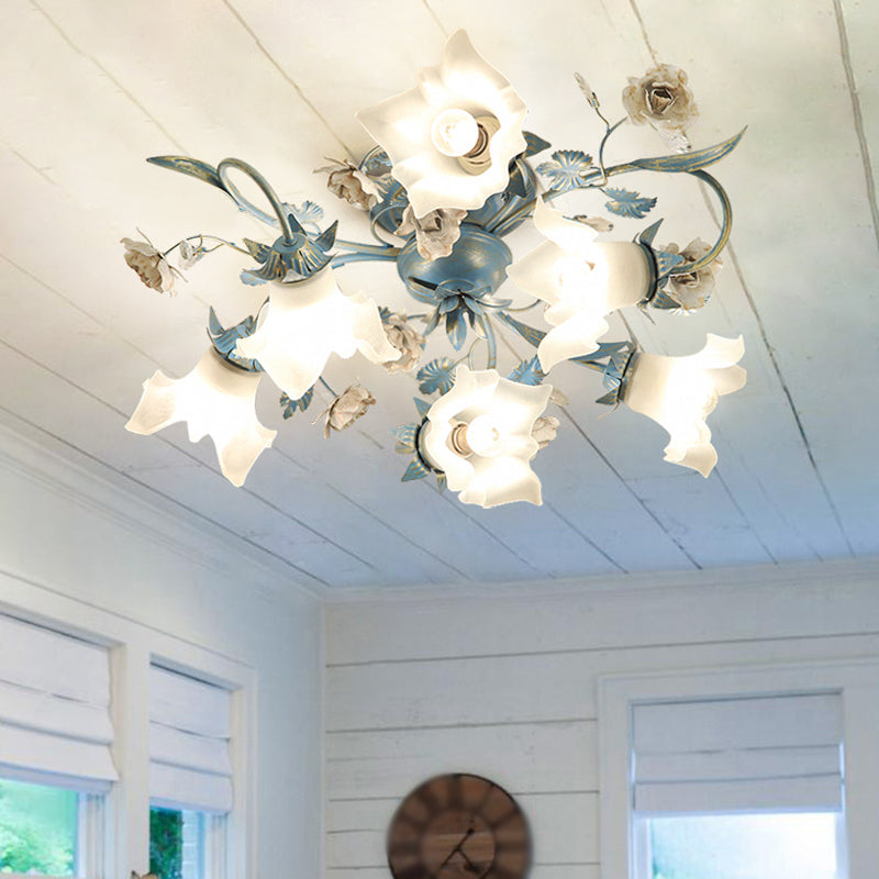 Flower Cream Glass Flush Mount Light Pastoral Style Bedroom Semi Flush Ceiling Light in Blue Clearhalo 'Ceiling Lights' 'Close To Ceiling Lights' 'Close to ceiling' 'Semi-flushmount' Lighting' 2092403