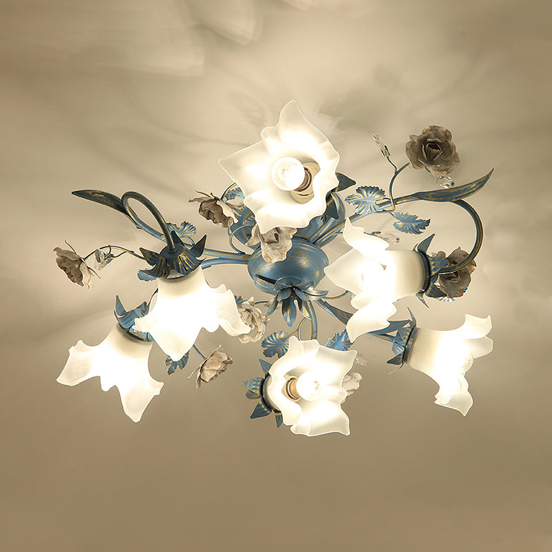 Flower Cream Glass Flush Mount Light Pastoral Style Bedroom Semi Flush Ceiling Light in Blue Clearhalo 'Ceiling Lights' 'Close To Ceiling Lights' 'Close to ceiling' 'Semi-flushmount' Lighting' 2092404