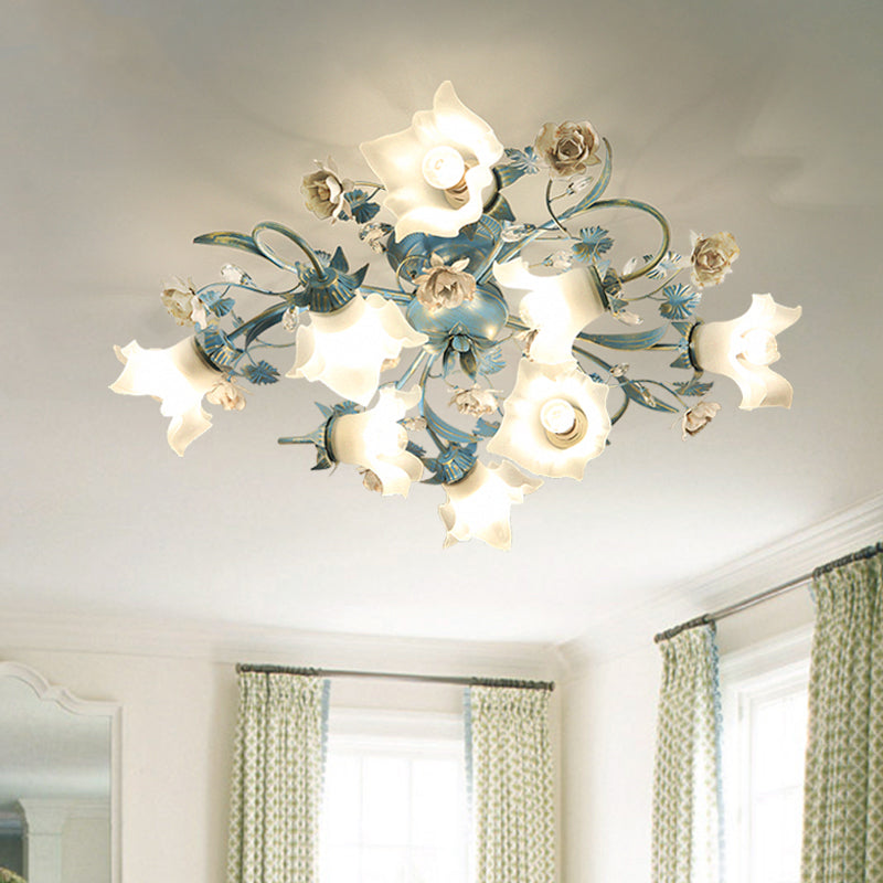 Flower Cream Glass Flush Mount Light Pastoral Style Bedroom Semi Flush Ceiling Light in Blue 8 Blue Clearhalo 'Ceiling Lights' 'Close To Ceiling Lights' 'Close to ceiling' 'Semi-flushmount' Lighting' 2092405