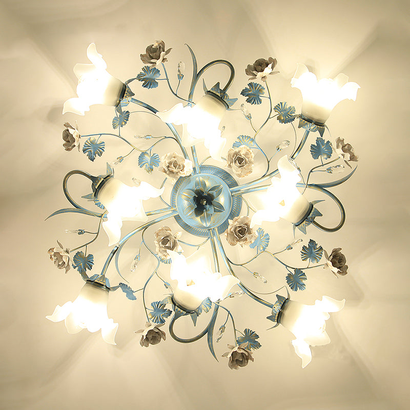 Flower Cream Glass Flush Mount Light Pastoral Style Bedroom Semi Flush Ceiling Light in Blue Clearhalo 'Ceiling Lights' 'Close To Ceiling Lights' 'Close to ceiling' 'Semi-flushmount' Lighting' 2092406