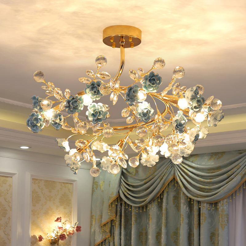 Ceramic Rose Semi Flush Light Korean Garden Living Room Ceiling Flush Mount with Crystal Accents Clearhalo 'Ceiling Lights' 'Close To Ceiling Lights' 'Close to ceiling' 'Semi-flushmount' Lighting' 2092411