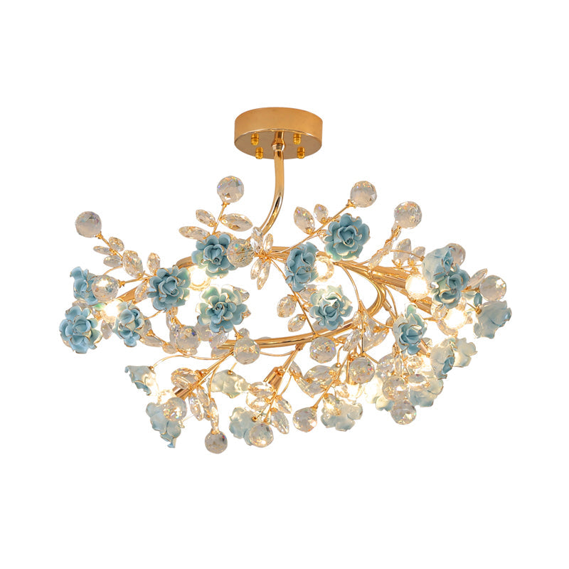 Ceramic Rose Semi Flush Light Korean Garden Living Room Ceiling Flush Mount with Crystal Accents Clearhalo 'Ceiling Lights' 'Close To Ceiling Lights' 'Close to ceiling' 'Semi-flushmount' Lighting' 2092412