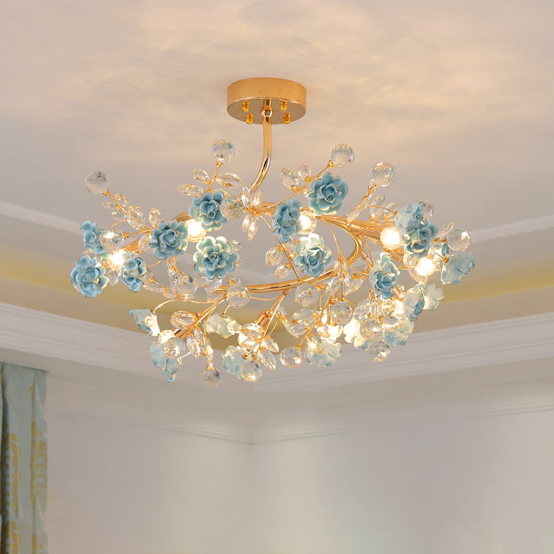 Ceramic Rose Semi Flush Light Korean Garden Living Room Ceiling Flush Mount with Crystal Accents Clearhalo 'Ceiling Lights' 'Close To Ceiling Lights' 'Close to ceiling' 'Semi-flushmount' Lighting' 2092413