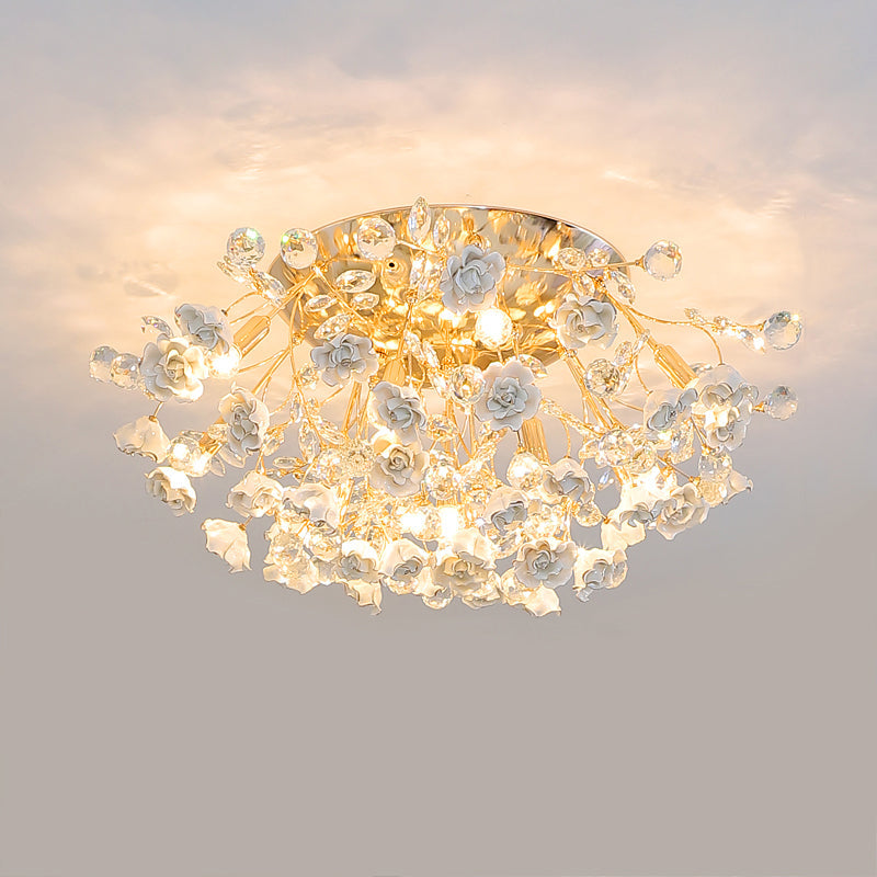 Pastoral Style Rosebush Ceiling Light Ceramic Semi Flush Light Fixture with Crystal Decor Clearhalo 'Ceiling Lights' 'Close To Ceiling Lights' 'Close to ceiling' 'Semi-flushmount' Lighting' 2092417