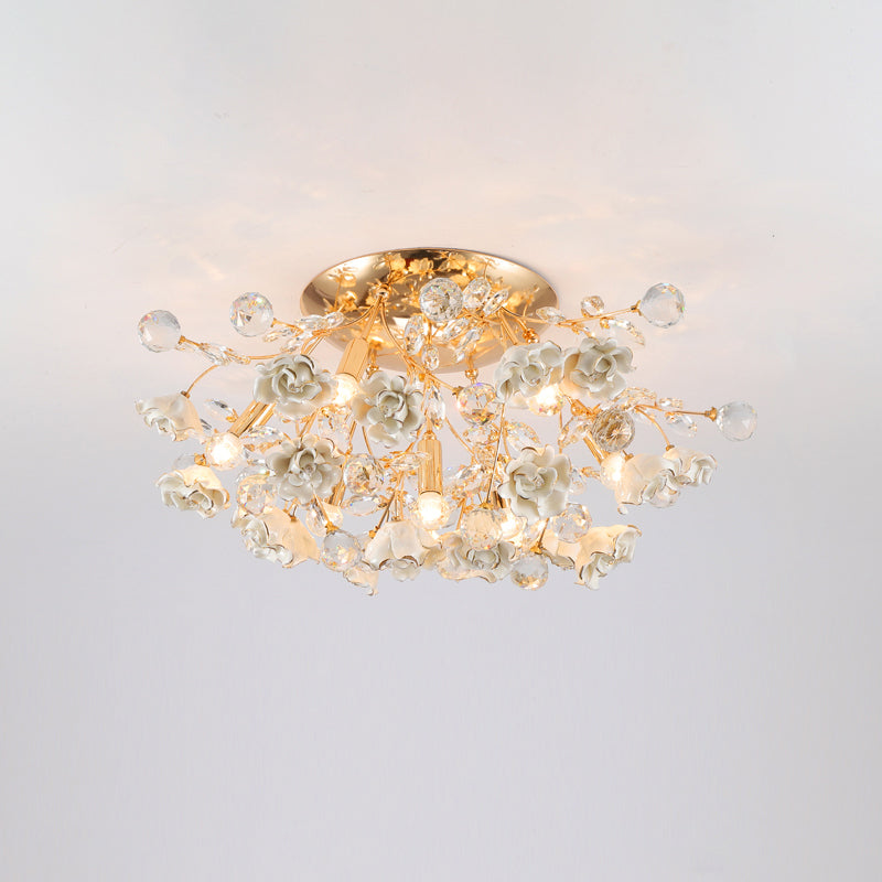 Pastoral Style Rosebush Ceiling Light Ceramic Semi Flush Light Fixture with Crystal Decor 7 White Clearhalo 'Ceiling Lights' 'Close To Ceiling Lights' 'Close to ceiling' 'Semi-flushmount' Lighting' 2092419