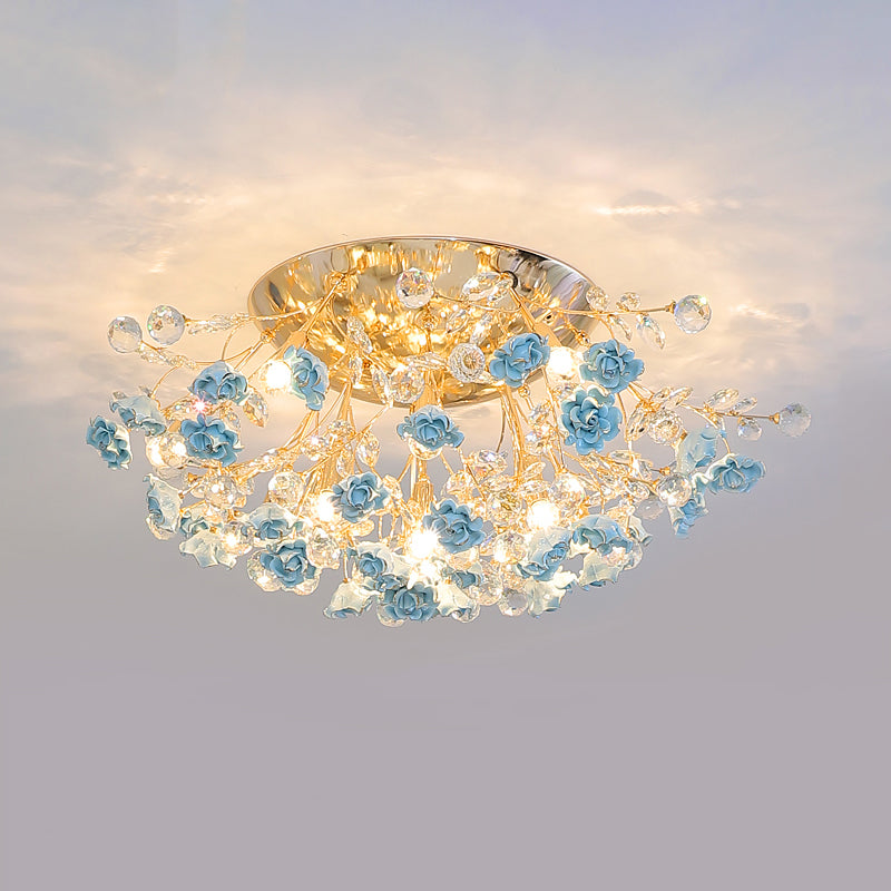 Pastoral Style Rosebush Ceiling Light Ceramic Semi Flush Light Fixture with Crystal Decor 10 Blue Clearhalo 'Ceiling Lights' 'Close To Ceiling Lights' 'Close to ceiling' 'Semi-flushmount' Lighting' 2092424