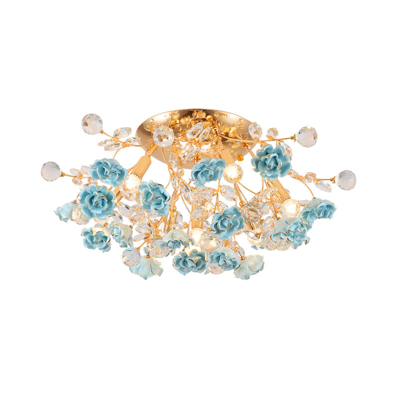 Pastoral Style Rosebush Ceiling Light Ceramic Semi Flush Light Fixture with Crystal Decor Clearhalo 'Ceiling Lights' 'Close To Ceiling Lights' 'Close to ceiling' 'Semi-flushmount' Lighting' 2092426