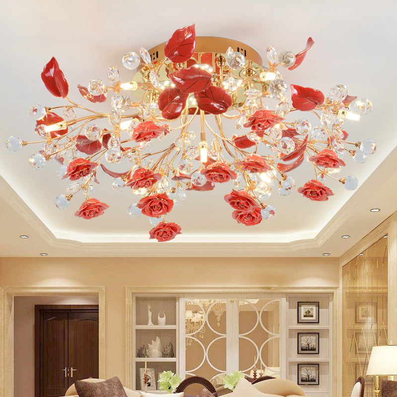 Rose Ceramic Semi Flush Pastoral Living Room Flush Ceiling Light Fixture with Decorative Crystal Red Clearhalo 'Ceiling Lights' 'Close To Ceiling Lights' 'Close to ceiling' 'Semi-flushmount' Lighting' 2092427