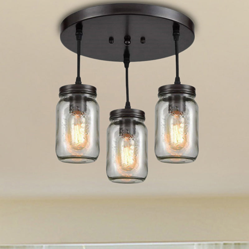 3 Lights Clear Etched Glass Cluster Pendant Light Industrial Black Mason Jar Living Room Ceiling Lighting Black Clearhalo 'Ceiling Lights' 'Glass shade' 'Glass' 'Industrial Pendants' 'Industrial' 'Middle Century Pendants' 'Pendant Lights' 'Pendants' 'Tiffany' Lighting' 209594