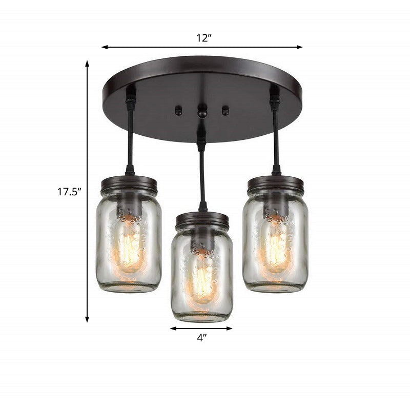 3 Lights Clear Etched Glass Cluster Pendant Light Industrial Black Mason Jar Living Room Ceiling Lighting Clearhalo 'Ceiling Lights' 'Glass shade' 'Glass' 'Industrial Pendants' 'Industrial' 'Middle Century Pendants' 'Pendant Lights' 'Pendants' 'Tiffany' Lighting' 209597