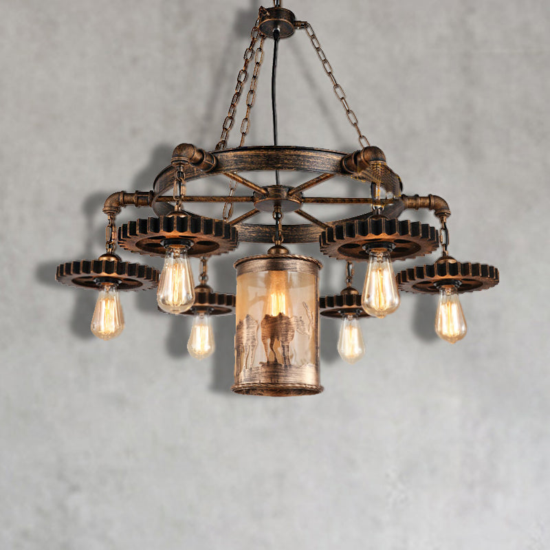 Metal Cylinder Hanging Chandelier Vintage 5/7 Light Dining Room Pendant Light in Bronze with Gear 7 Bronze Clearhalo 'Cast Iron' 'Ceiling Lights' 'Chandeliers' 'Industrial Chandeliers' 'Industrial' 'Metal' 'Middle Century Chandeliers' 'Rustic Chandeliers' 'Tiffany' Lighting' 209727