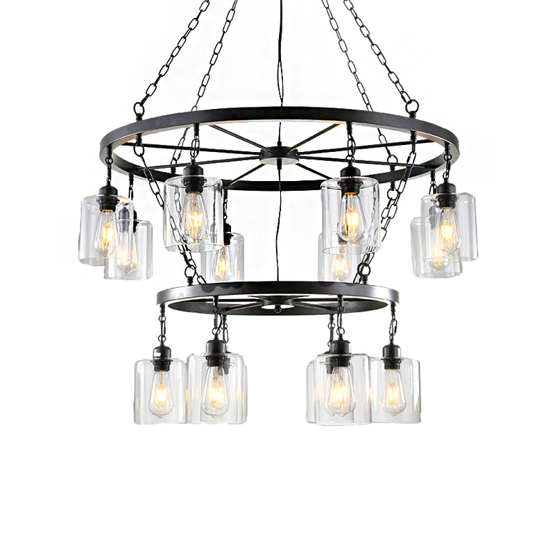 Cylinder Dining Room Ceiling Chandelier Industrial Clear Glass 6/14 Light Black Hanging Fixture with Chain Clearhalo 'Ceiling Lights' 'Chandeliers' 'Glass shade' 'Glass' 'Industrial Chandeliers' 'Industrial' 'Middle Century Chandeliers' 'Tiffany' Lighting' 209826