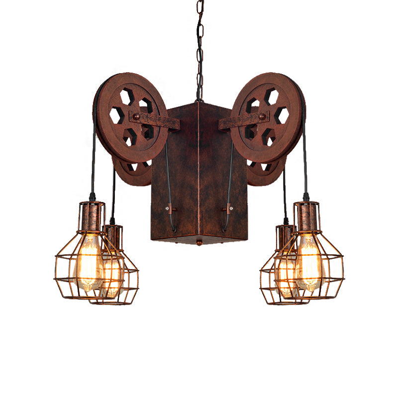 Metal Rust Pendant Lamp Caged Globe 4/6 Light Industrial Chandelier Light Fixture with Gear Clearhalo 'Cast Iron' 'Ceiling Lights' 'Chandeliers' 'Industrial Chandeliers' 'Industrial' 'Metal' 'Middle Century Chandeliers' 'Rustic Chandeliers' 'Tiffany' Lighting' 210050