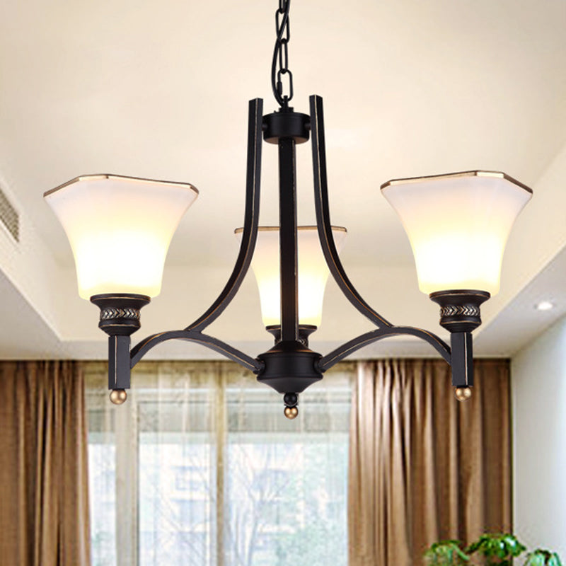 White Glass Bell Hanging Chandelier Traditional 3/6 Lights Living Room Pendant Light in Black Clearhalo 'Ceiling Lights' 'Chandeliers' Lighting' options 210153