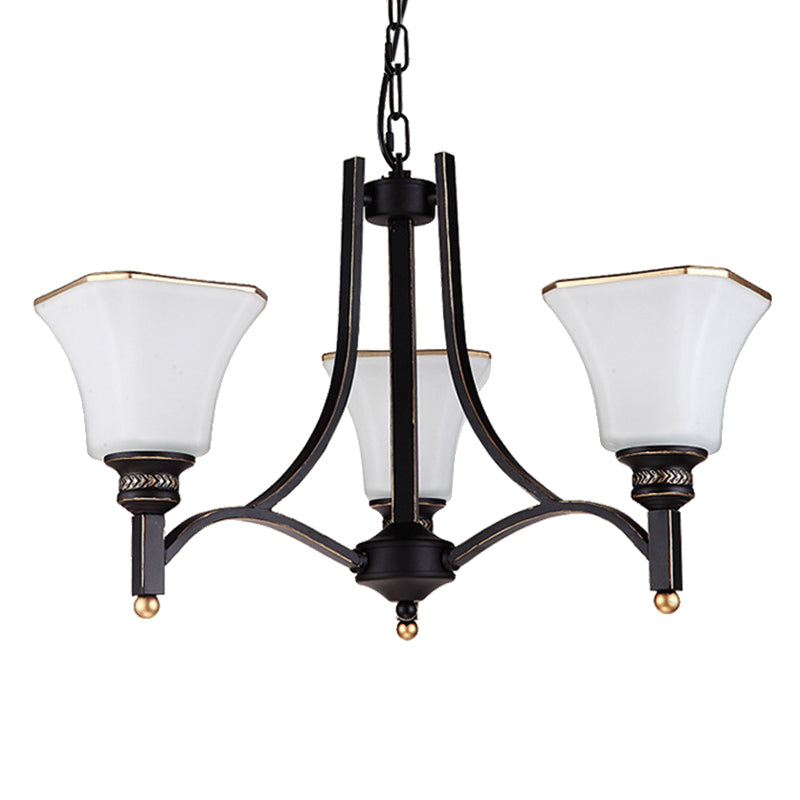 White Glass Bell Hanging Chandelier Traditional 3/6 Lights Living Room Pendant Light in Black Clearhalo 'Ceiling Lights' 'Chandeliers' Lighting' options 210154