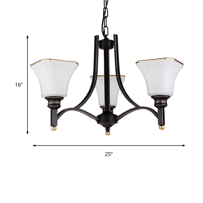 White Glass Bell Hanging Chandelier Traditional 3/6 Lights Living Room Pendant Light in Black Clearhalo 'Ceiling Lights' 'Chandeliers' Lighting' options 210155