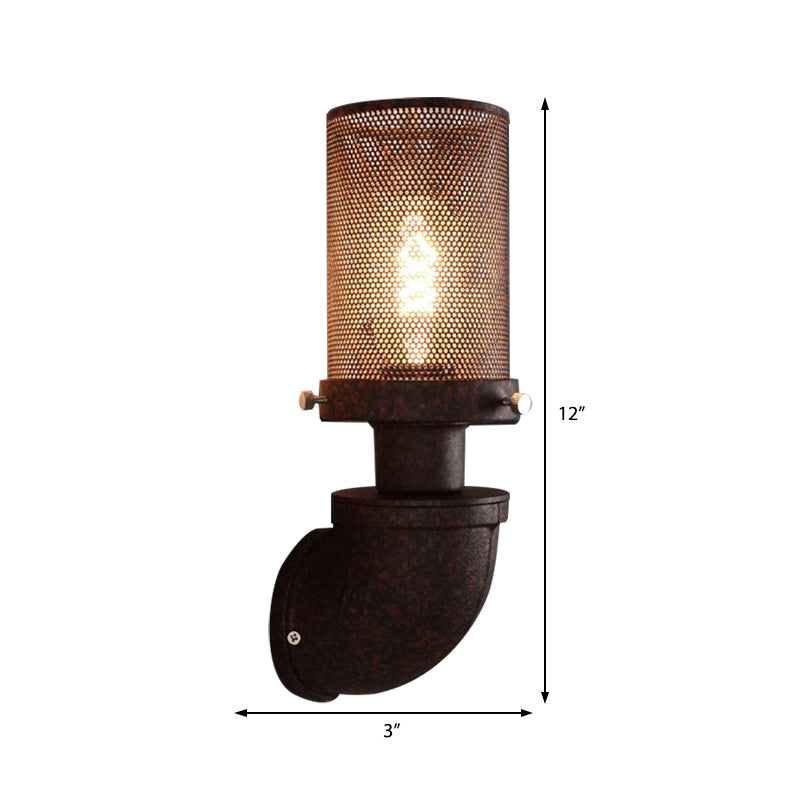 1 Light Metal Wall Lamp Industrial Rust Caged Cylinder Dining Room Sconce Light Fixture Clearhalo 'Art deco wall lights' 'Cast Iron' 'Glass' 'Industrial wall lights' 'Industrial' 'Middle century wall lights' 'Modern' 'Rustic wall lights' 'Tiffany' 'Traditional wall lights' 'Wall Lamps & Sconces' 'Wall Lights' Lighting' 210296