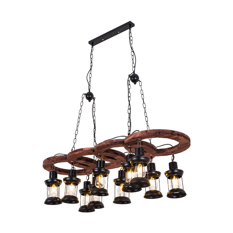 Black 10 Lights Chandelier Light Fixture Vintage Clear Glass Lantern Pendant Lamp with Wooden Shelf Clearhalo 'Carpenter Chandeliers' 'Ceiling Lights' 'Chandeliers' 'Industrial Chandeliers' 'Industrial' 'Middle Century Chandeliers' 'Modern' 'Tiffany' Lighting' 210424