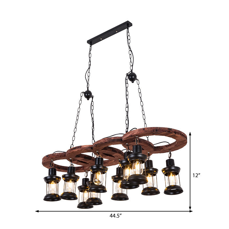 Black 10 Lights Chandelier Light Fixture Vintage Clear Glass Lantern Pendant Lamp with Wooden Shelf Clearhalo 'Carpenter Chandeliers' 'Ceiling Lights' 'Chandeliers' 'Industrial Chandeliers' 'Industrial' 'Middle Century Chandeliers' 'Modern' 'Tiffany' Lighting' 210425