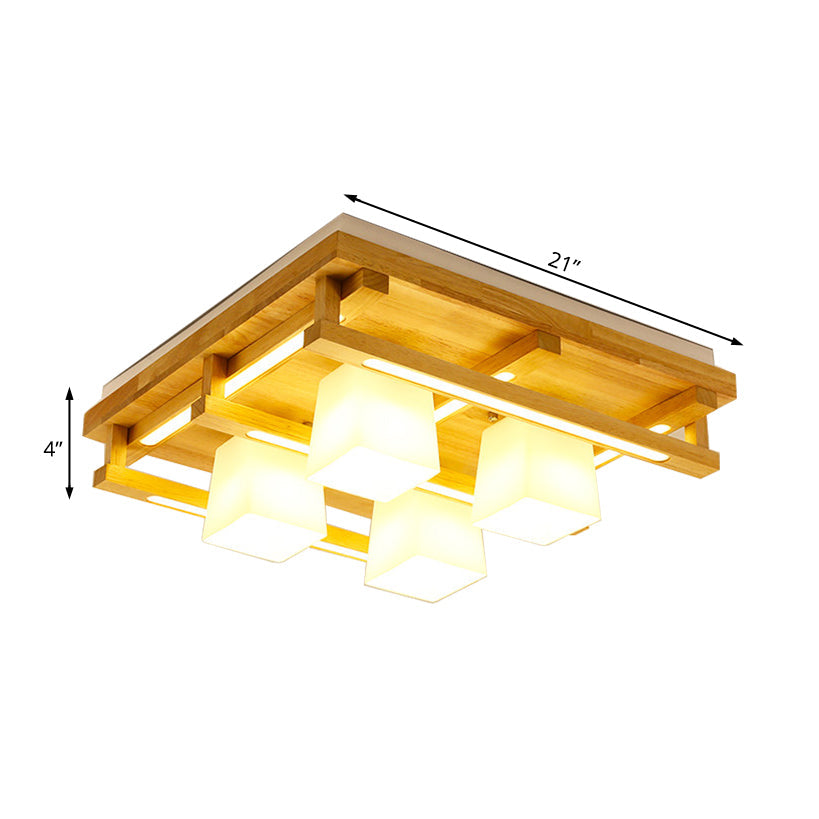 Wood Square Flush Mount Lighting Modernist 1/4/9 Lights Brown Led Flush Mount Light with White Glass Cubic Shade in White/Warm Light Clearhalo 'Ceiling Lights' 'Close To Ceiling Lights' 'Close to ceiling' 'Flush mount' Lighting' 210454