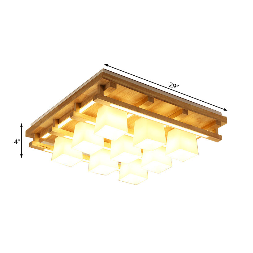 Wood Square Flush Mount Lighting Modernist 1/4/9 Lights Brown Led Flush Mount Light with White Glass Cubic Shade in White/Warm Light Clearhalo 'Ceiling Lights' 'Close To Ceiling Lights' 'Close to ceiling' 'Flush mount' Lighting' 210458