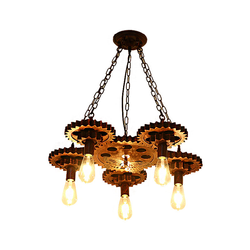 Metal Rust Pendant Lamp Wagon Wheel 5-Light Industrial Chandelier Light Fixture with Chain Clearhalo 'Cast Iron' 'Ceiling Lights' 'Chandeliers' 'Industrial Chandeliers' 'Industrial' 'Metal' 'Middle Century Chandeliers' 'Rustic Chandeliers' 'Tiffany' Lighting' 210479