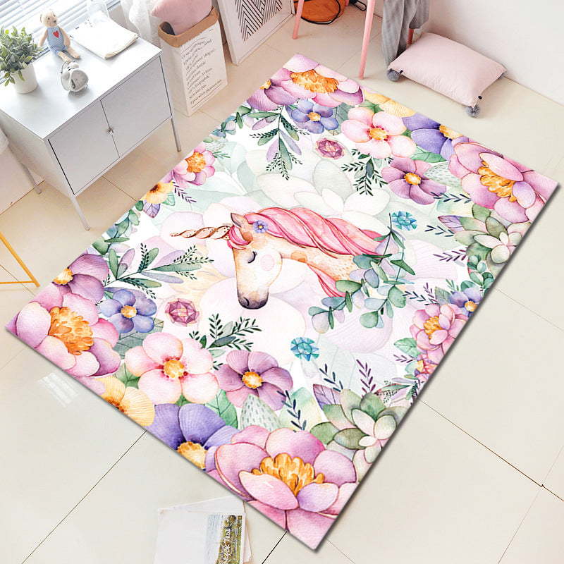 Nordic Girls Bedroom Rug Multi-Colored Unicorn and Flower Print Rug Polypropylene Pet Friendly Stain Resistant Non-Slip Indoor Rug Purple Clearhalo 'Area Rug' 'Rug' 2106131