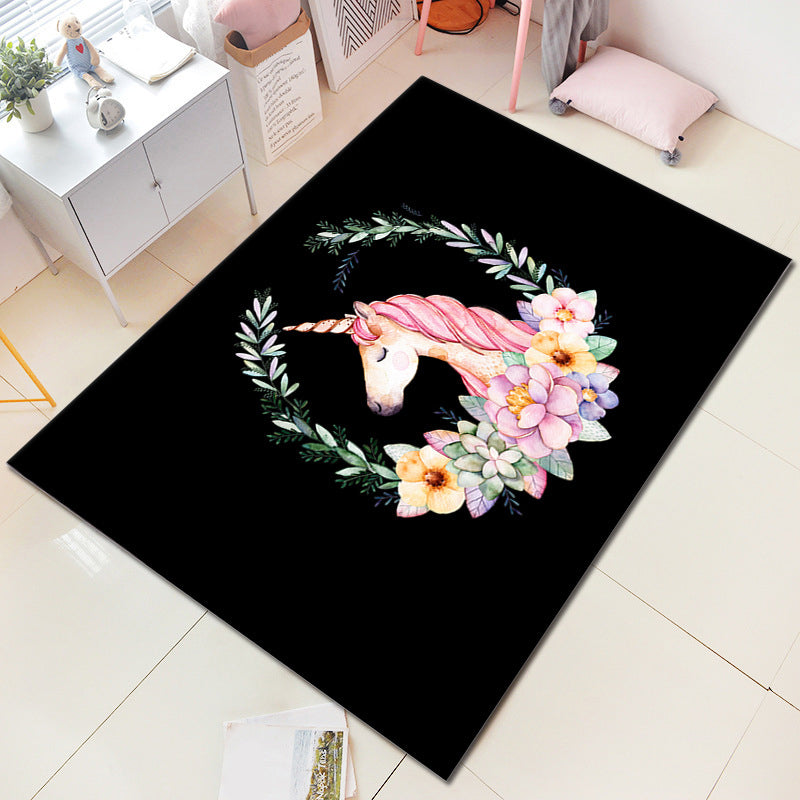 Nordic Girls Bedroom Rug Multi-Colored Unicorn and Flower Print Rug Polypropylene Pet Friendly Stain Resistant Non-Slip Indoor Rug Black Clearhalo 'Area Rug' 'Rug' 2106133